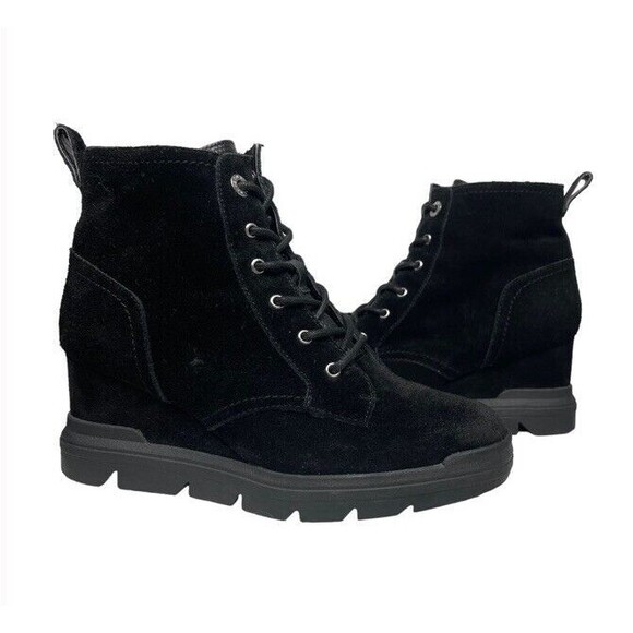 DR SCHOLLS Black Heel Pull-Tab Rebellion Wedge Leather Booties Chunky Lug 6.5 - Picture 1 of 11